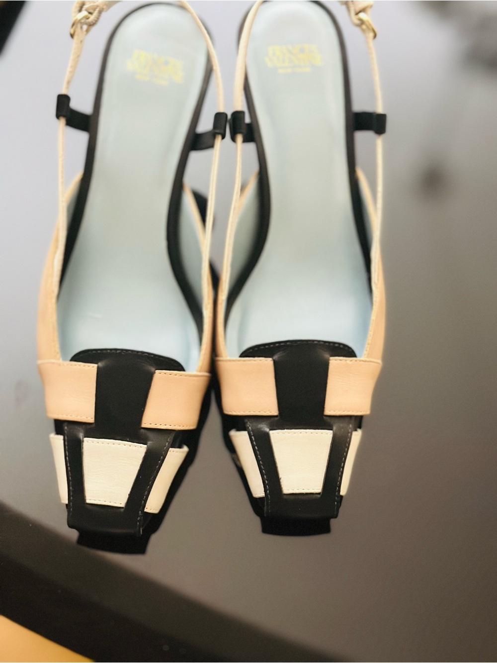 Frances Valentine Tri-Color Slingback Pumps in Beige, Black & White - Picture 7 of 8